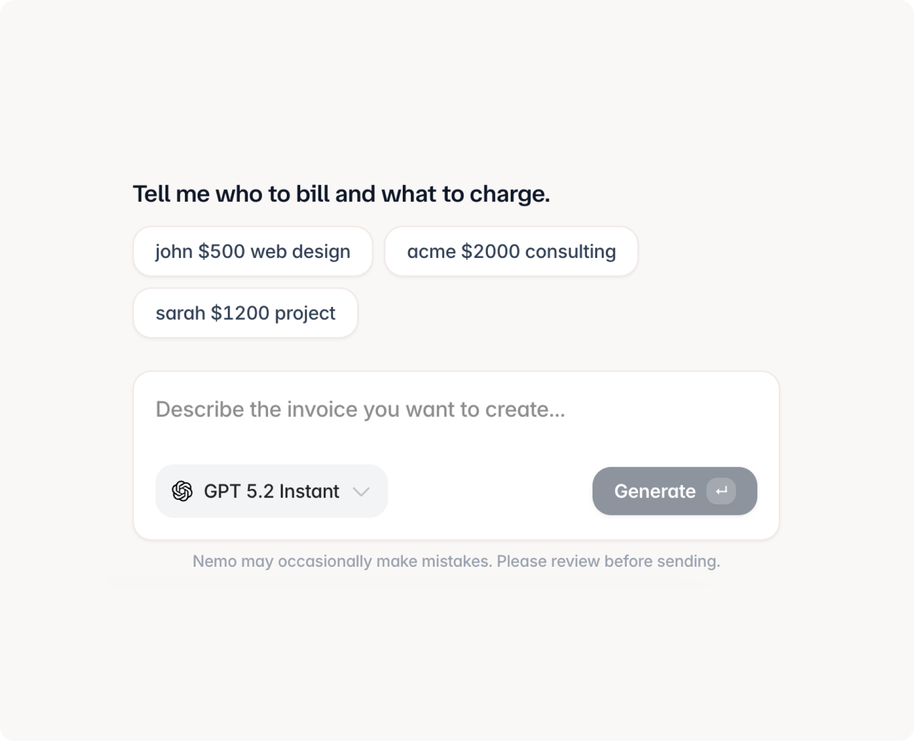 Create invoices and quotes instantly with AI.